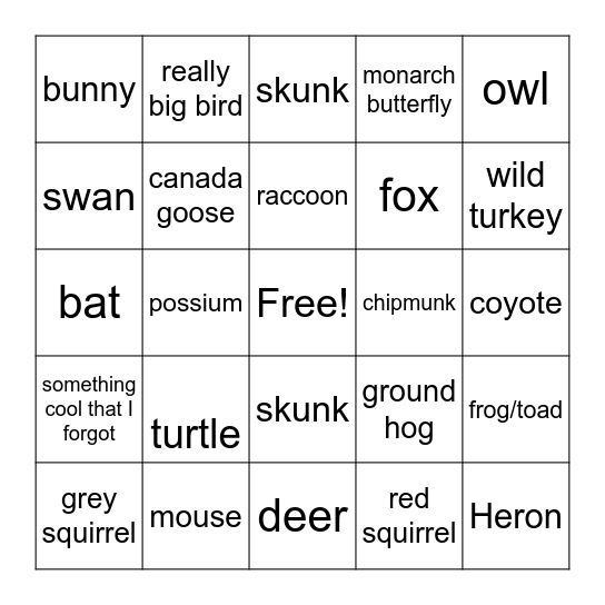 wildlife bingo Card