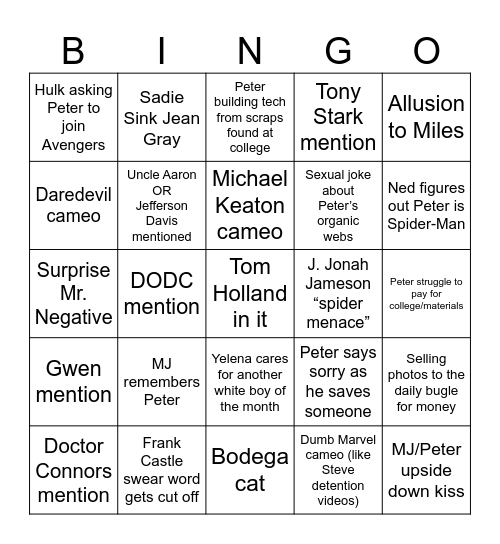 Spider-Man Brand New Day Bingo Card