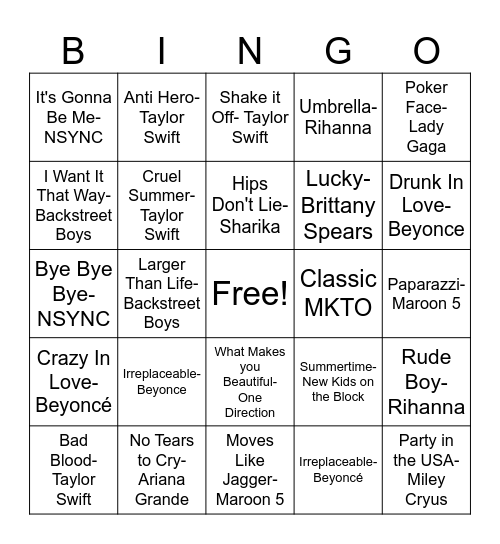 Divas and Boy Bands Bingo Card
