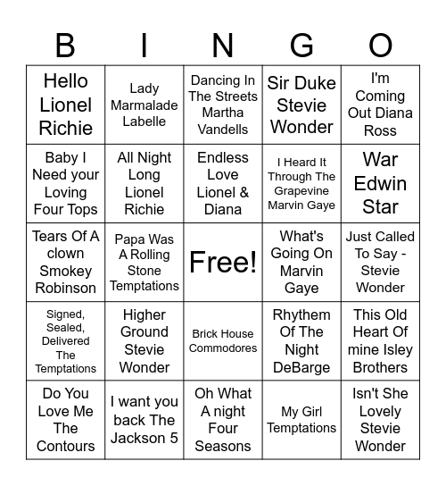 Chicago Bands & DJs Music Bingo. Best Of Motown! Bingo Card