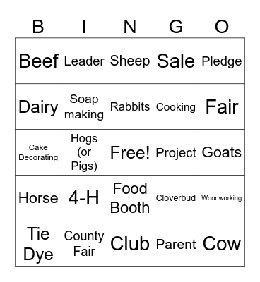 4-H Cloverbuds Bingo Card