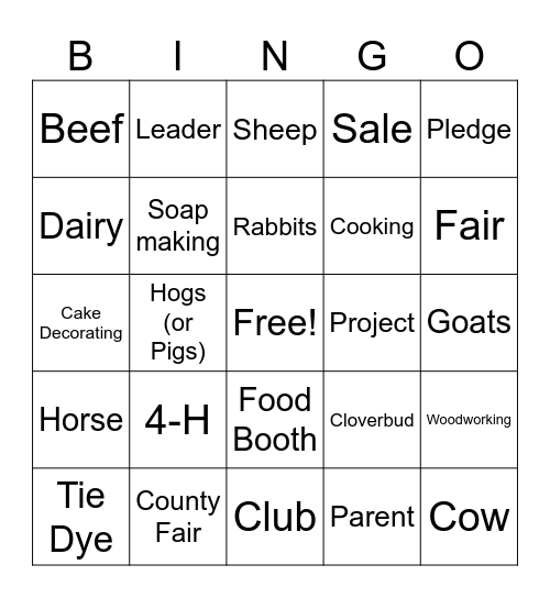 4-H Cloverbuds Bingo Card