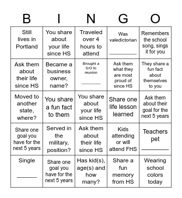 FHS Class of 2001 Bingo Card