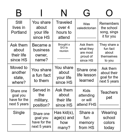 FHS Class of 2001 Bingo Card