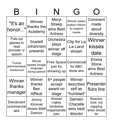 The Oscarzzz 2017 Bingo Card