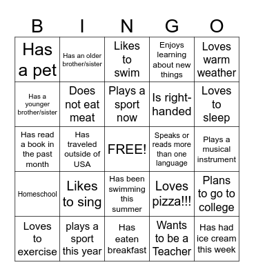 New Student Bingo Card