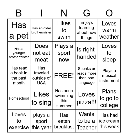 New Student Bingo Card