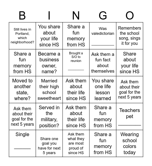 FHS Class of 2001 Bingo Card