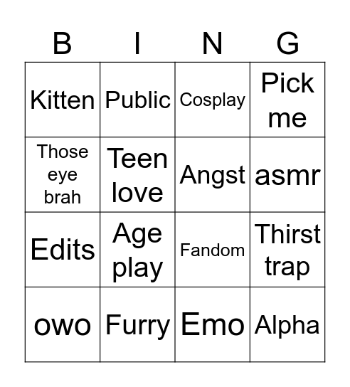 Cringe Bingo in 4x4 Bingo Card