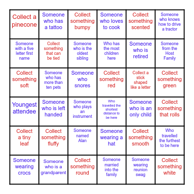 Family Reunion Scavenger Hunt Bingo Card