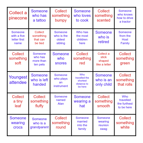 Family Reunion Scavenger Hunt Bingo Card