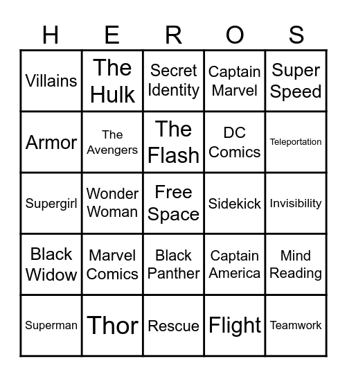 Superhero Bingo Card