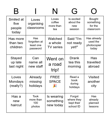WELCOME BACK BINGO! Bingo Card