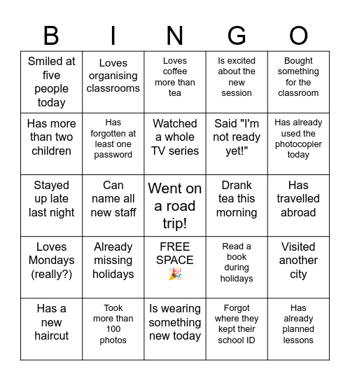 WELCOME BACK BINGO! Bingo Card
