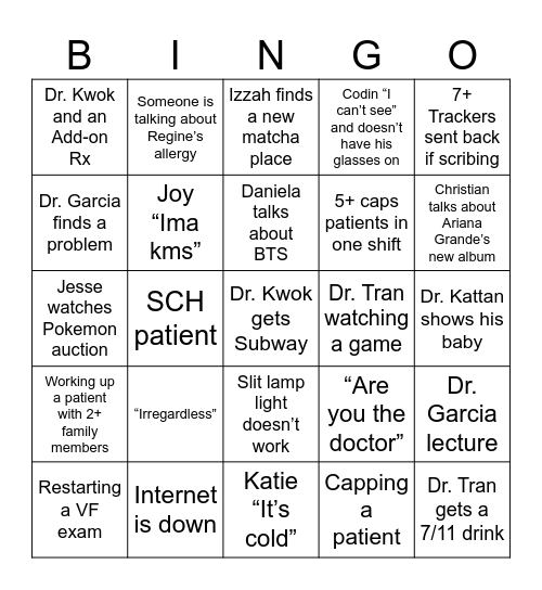 Bingo for week 7/27 Bingo Card