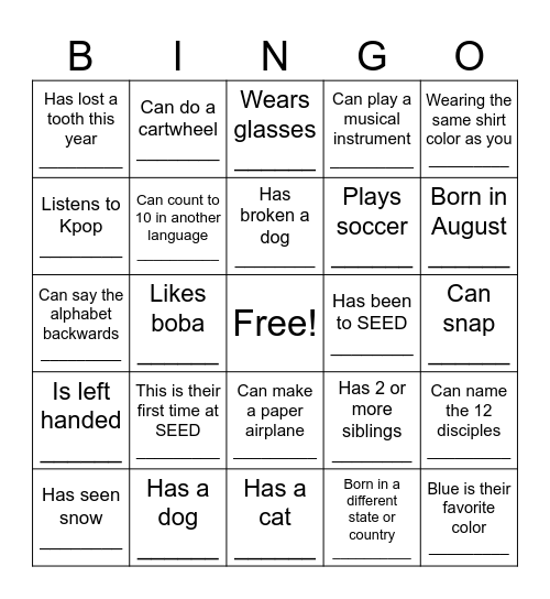 Get to Know You Bingo Card
