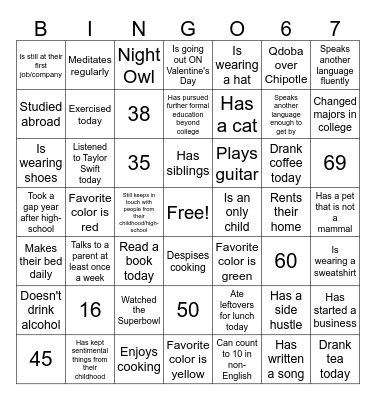 Numbers (1-75) Bingo Card