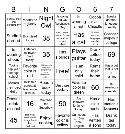 Numbers (1-75) Bingo Card