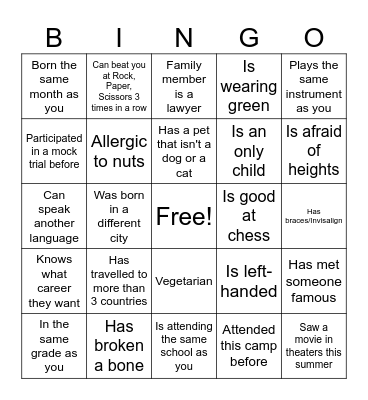 Law Camp Bingo Card