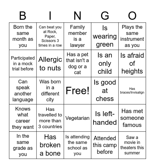Law Camp Bingo Card