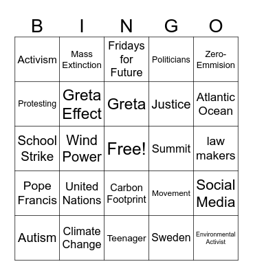 I Am Greta Bingo Card