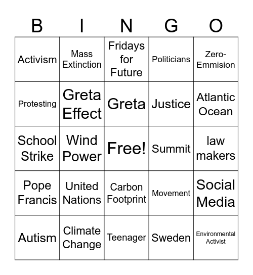 I Am Greta Bingo Card