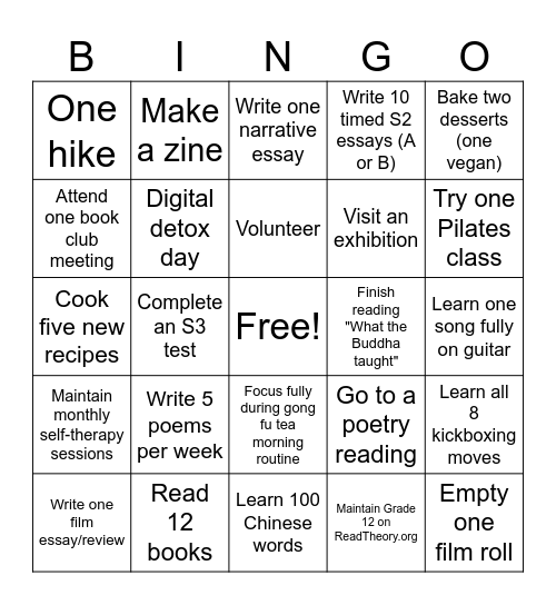 2026 Bingo goals Bingo Card