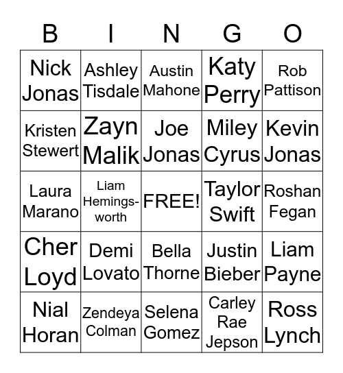 Celebrity Bingo Card