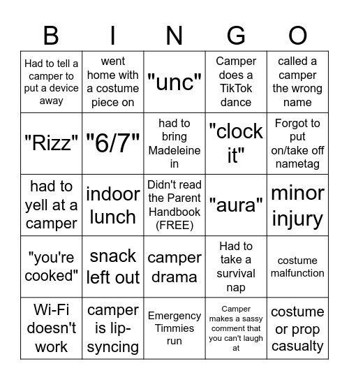 COC Summer Music Camps 2026 Bingo Card