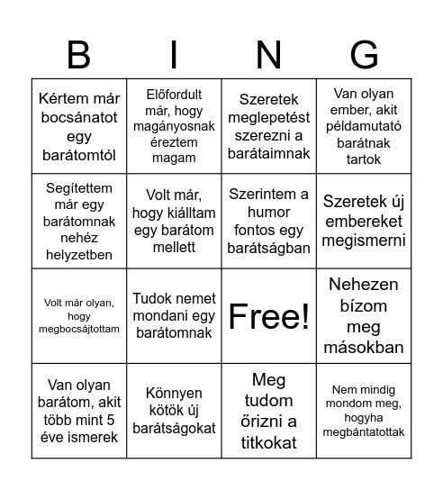 Barátság bingó Bingo Card