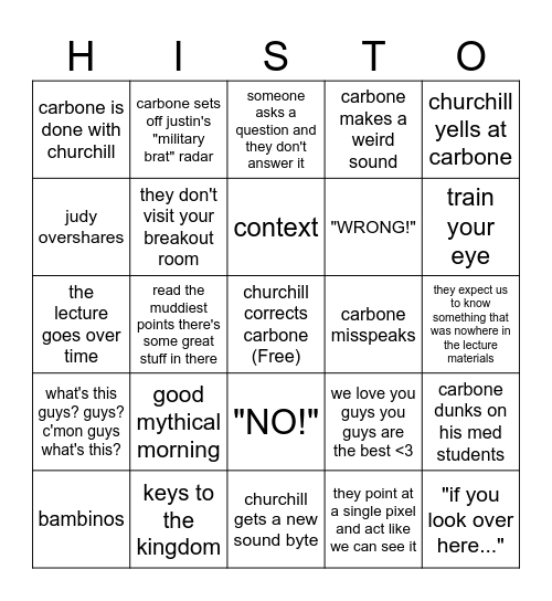 HISTO Bingo Card
