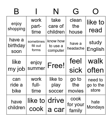 Conversation Practice Bingo Card