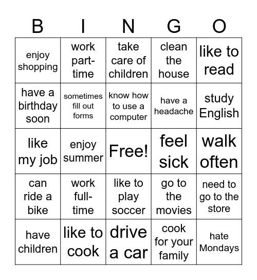 Conversation Practice Bingo Card