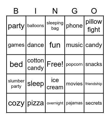 Slumber Party Bingo Card