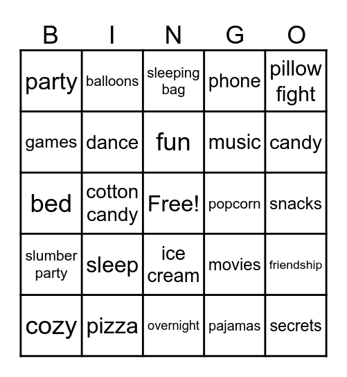 Slumber Party Bingo Card