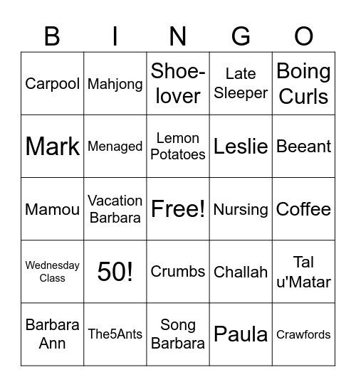 Barbara's 50th B-day Bingo Card