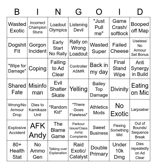 Raid Night 3 Bingo Card
