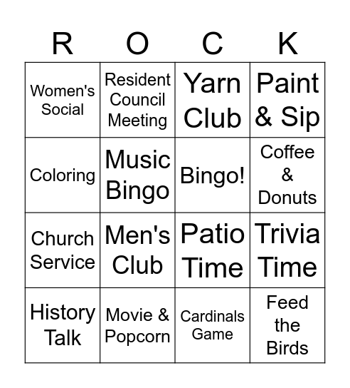 Ellisville Activities Bingo Card
