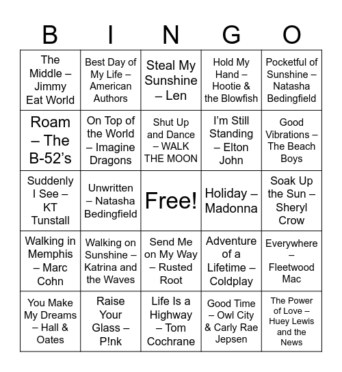 Windows Down, Volume Up Bingo Card