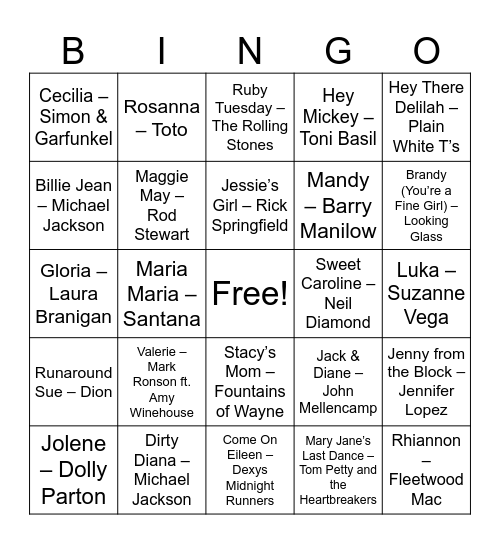 One Name Wonders Bingo Card