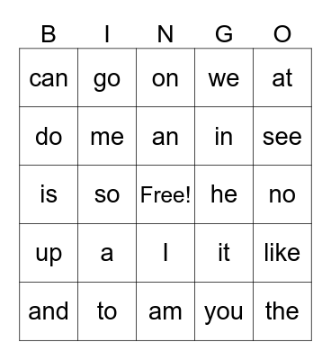 Sight Words Bingo Card