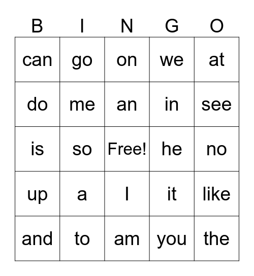 Sight Words Bingo Card