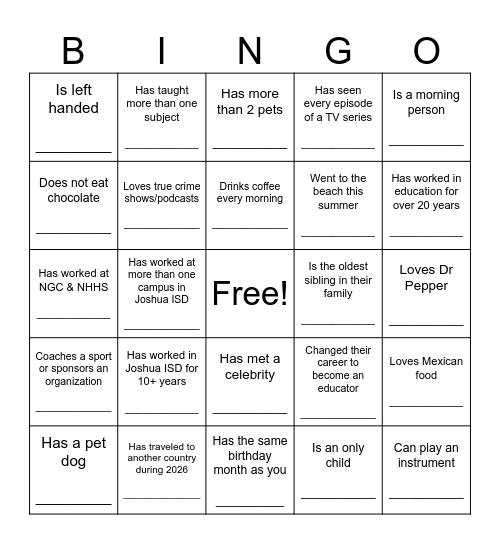 NGC/NHHS Bus Stop BINGO Card