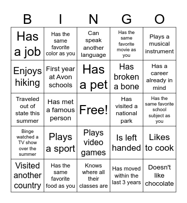 Welcome Back Bingo Card