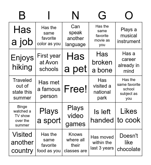 Welcome Back Bingo Card
