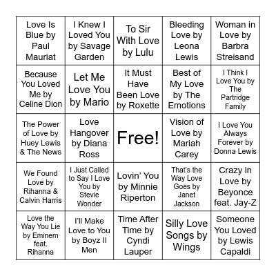 Love Song Bingo Card