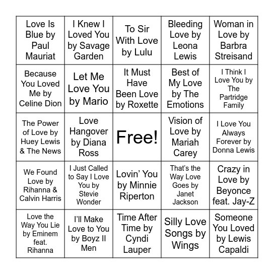 Love Song Bingo Card