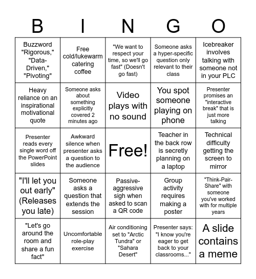 Start of the Year Teacher Bingo Card