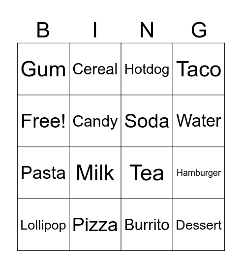 Foods Bingo Card
