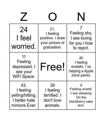 Zones of Regulation Bingo Card